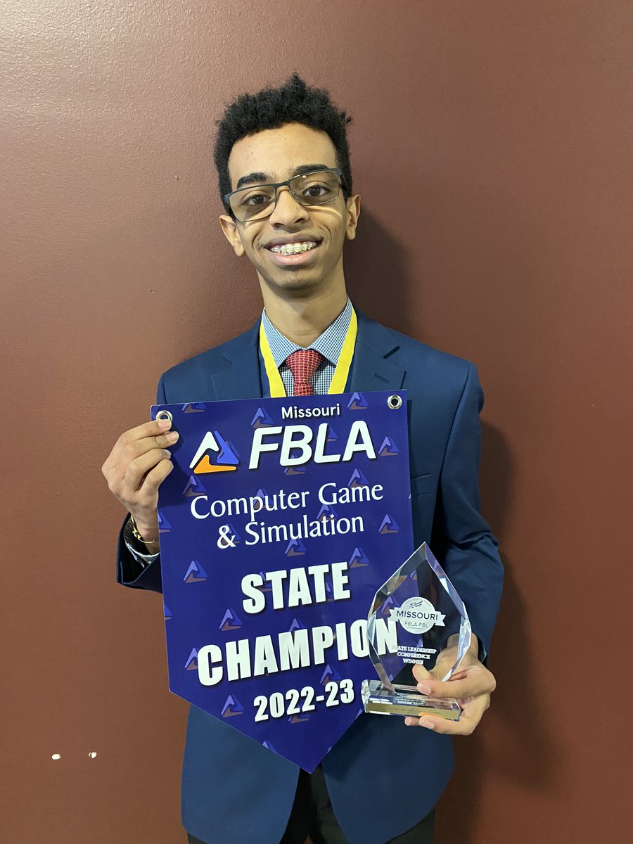 LSNFBLA's tweet photo. STATE CHAMPION!  Congratulations to Thomas for placing 1st in Computer Game &amp; Simulation Programming at  #MOSLC2023 Thomas has earned a ticket to nationals. @mofbla #computerscience @LSNCompSci https://t.co/RNBwU6EvP9