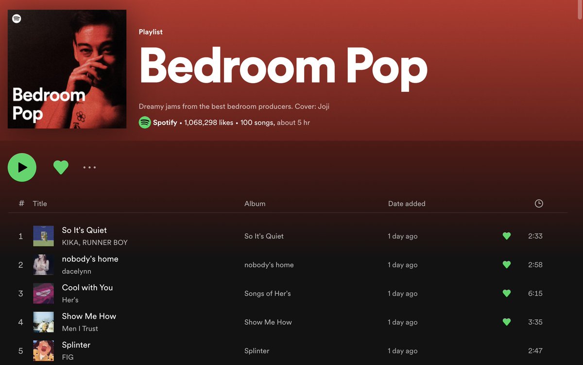 whoisrunner's tweet photo. "So It's Quiet" by @midniightshow and I on "Bedroom Pop" go listen dummy :)

thanks @Spotify @spotifyartists https://t.co/3y388WJAFm