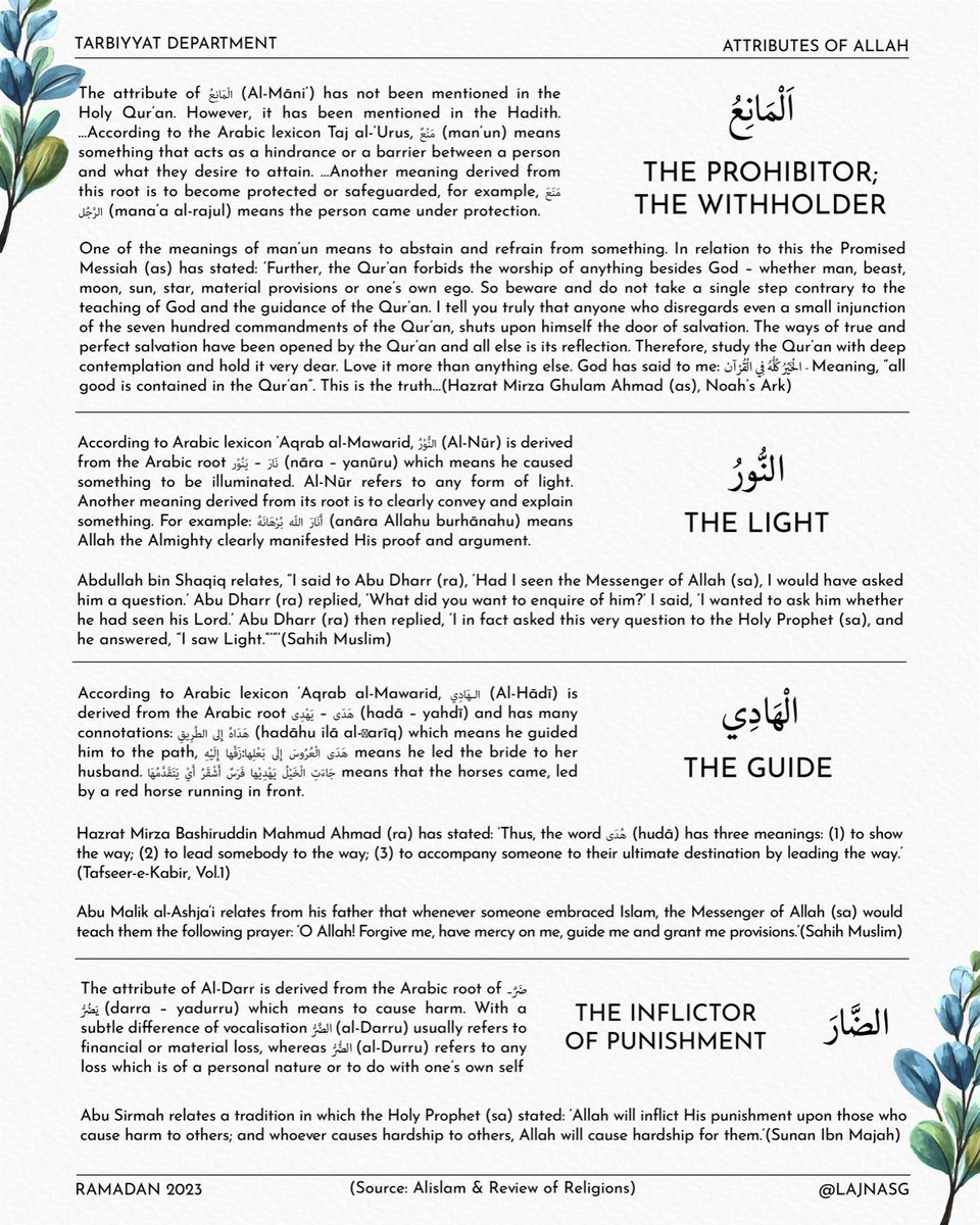 LajnaSG's tweet image. 27/30 - Ramadan Series on Attributes of Allah

- The Prohibitor; The Withholder
- The Light
- The Guide
- The Inflictor of Punishment

#AttributesofAllah #Allah #Ramadan