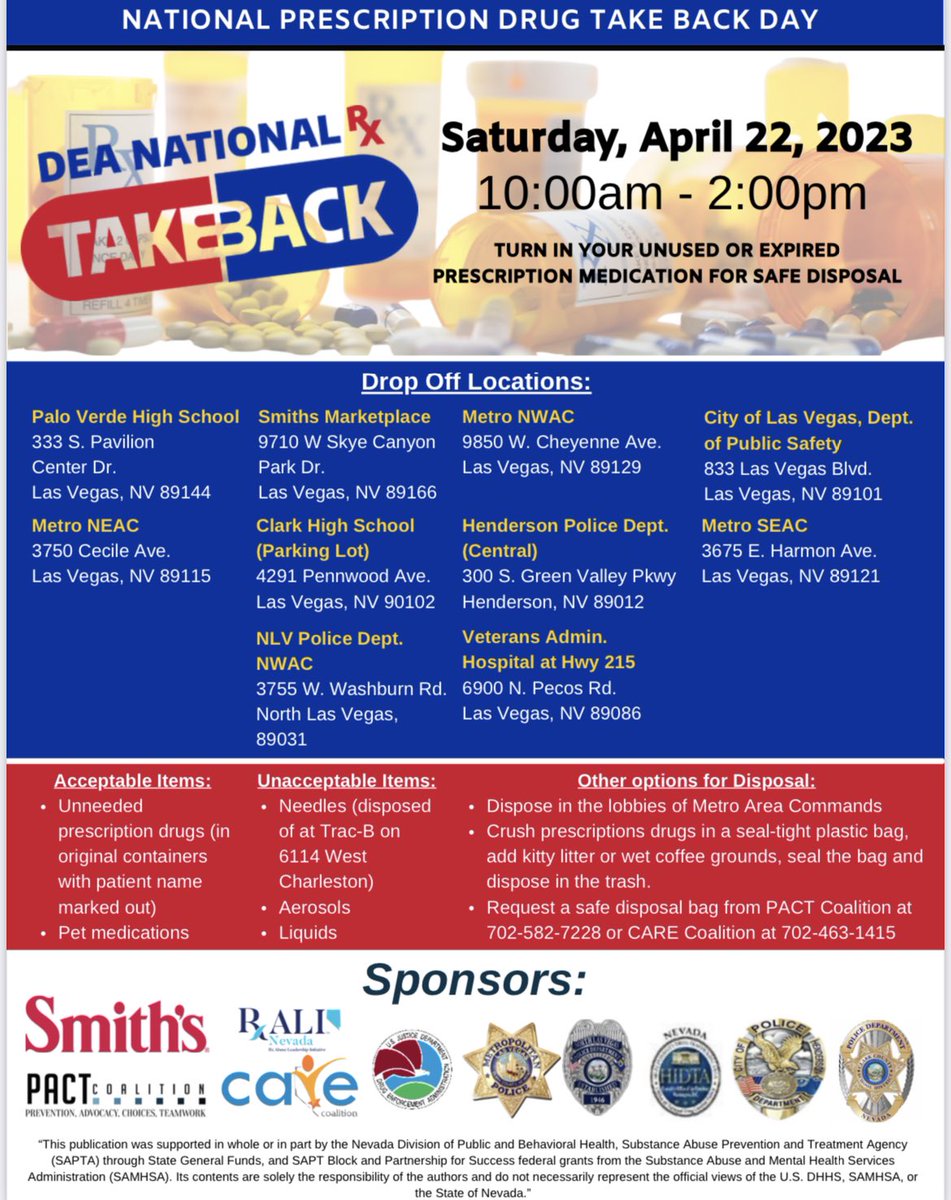 DEALASVEGAS's tweet photo. Spring🌷🧹cleaning? Do you have unused, unwanted prescription medications &amp; don’t know what to do with them? 

Bring them to us👋on Sat. April 22nd from 10am-2pm for the free, anonymous #DEA #TakeBackDay event. 

Find a drop off site near you. CLICK➡️https://t.co/0z0fpka0Tg https://t.co/1BMNIzvNKa