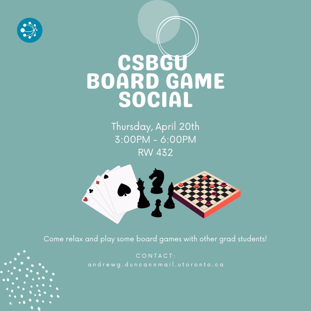 CSBGSU's tweet photo. Looking for a break from research to socialize with other Grad students?

Come out to our board game social this Thursday, April 20th in RW 432 (3-6PM)!🃏♟️💥

There will also be popcorn and tea/coffee/hot chocolate (please bring a mug!) ☕️ https://t.co/Zm443tZnL2