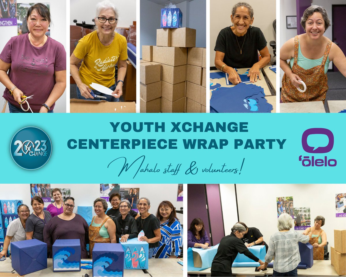 olelocommunity's tweet photo. Volunteers and staff wrapped and decorated the centerpieces for the Youth XChange on 4/25. Our 20th anniversary event features the ‘wave’ theme. 70 boxes were finished. Mahalo for your efforts! #youthxchange #videoproduction #videocreator #mediaproduction #hawaii https://t.co/QaG53ONFMG
