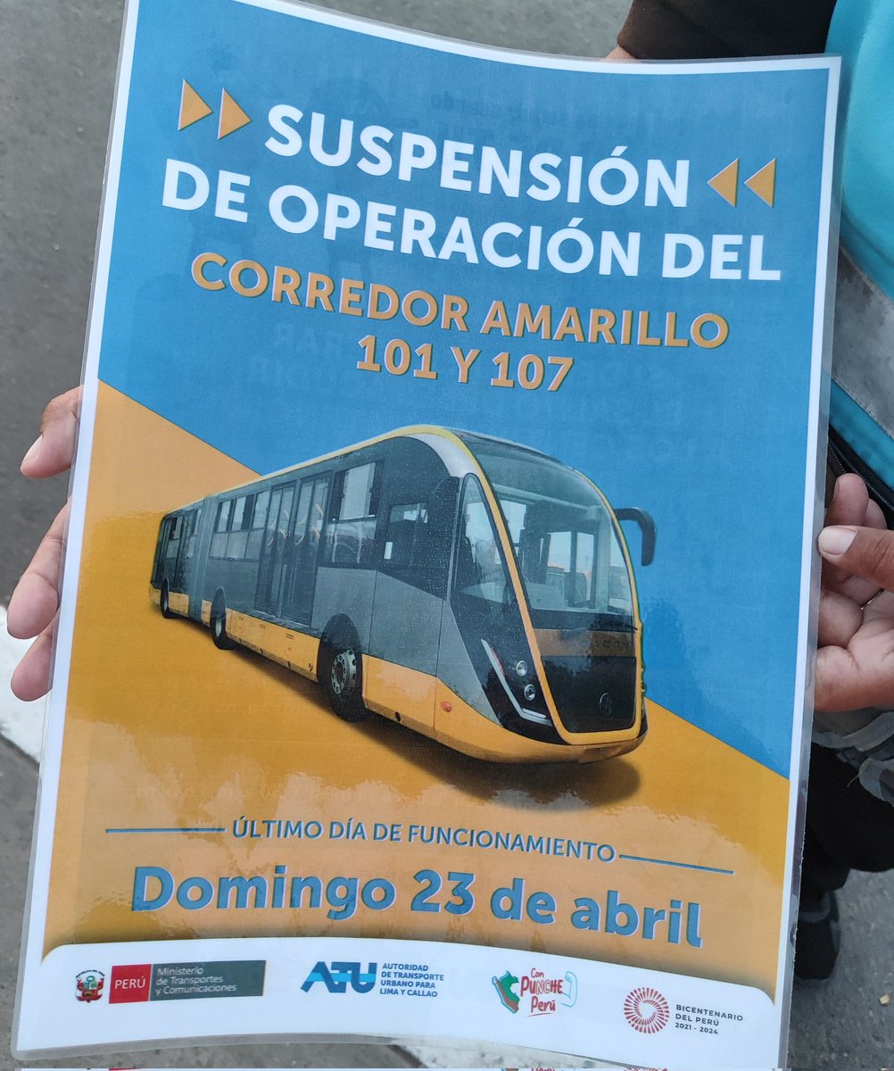 malcaespza's tweet photo. Este domingo 23 de abril podría ser el último día del servicio Corredor Amarillo 101 y 107.  
No pueden suspenderlo.  Lleguen a un acuerdo.  @ATU_GobPeru @MTC_GobPeru 

@Latina_Noticias @RPPNoticias @elcomercio_peru @mal_menor @corre_amarillo https://t.co/BmUBAMBegR