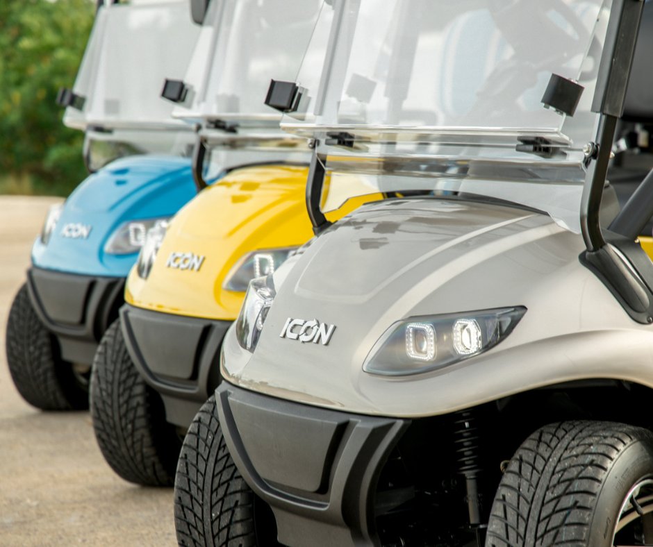 Why ICON EV golf carts? All carts come STANDARD with a windshield, LED headlights and taillights, side mirrors & seatbelts, AND MORE! Click i29rv.com to test drive one today! #i29rv #golfcart #golf #rv #camper #customgolfcart #golflife #golfcartlife #liftedgolfcart