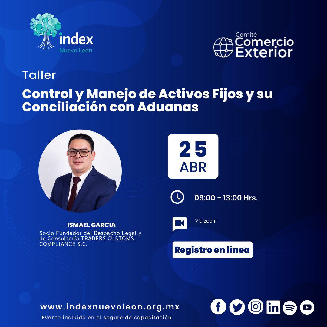 IndexNuevoLeon's tweet photo. ¡Aparta la fecha! El próximo 25 de abril llevaremos a cabo nuestro curso en línea “Control y Manejo de Activos Fijos y su
Conciliación con Aduanas”.
¡Obtén tu acceso en línea!
https://t.co/GmfRjb2KAr
#Cursoenlínea #Activos #ActivosFijos #ComercioExterior https://t.co/0lwQXYNRHy