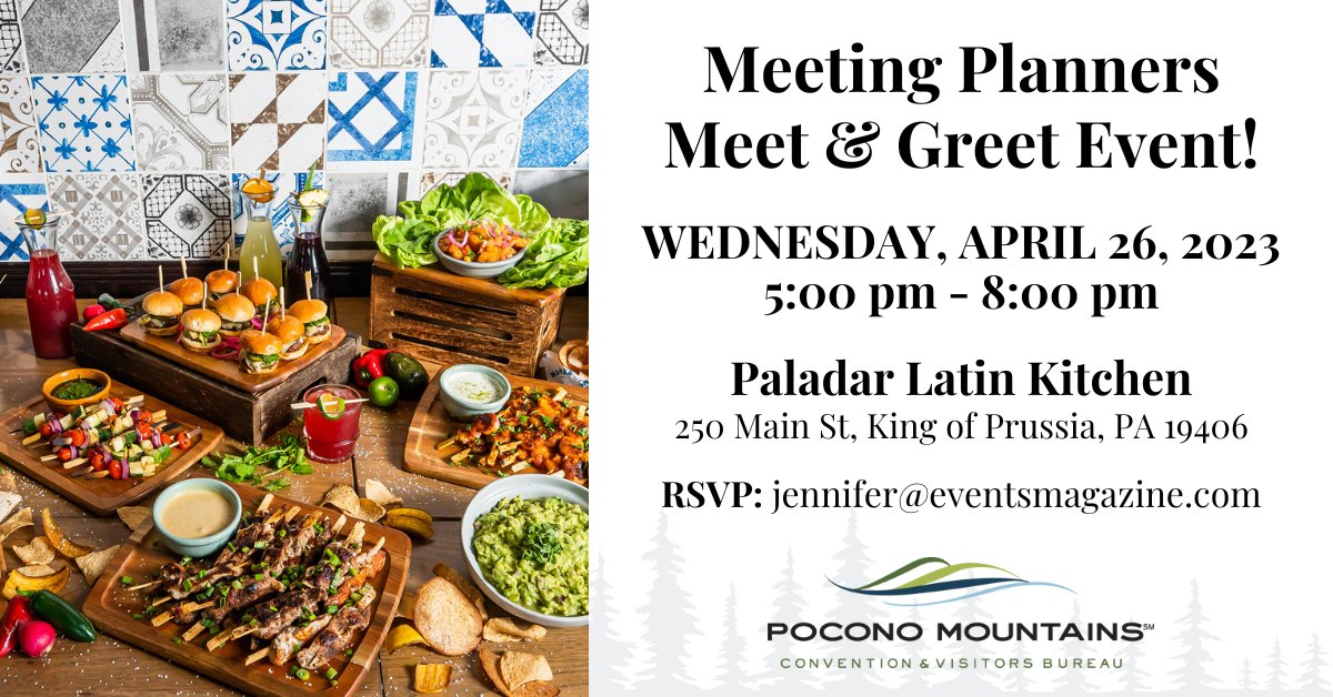 Come join Leigh Velez, from the Pocono Mountains Visitors Bureau for a Meeting Planner Meet & Greet on Wednesday, April 26th in King of Prussia.

RSVP to Mid-Atlantic Events Magazine by emailing jennifer@eventsmagazine.com.

#MeetThePoconos #PoconoMtns #MeetingPlanners