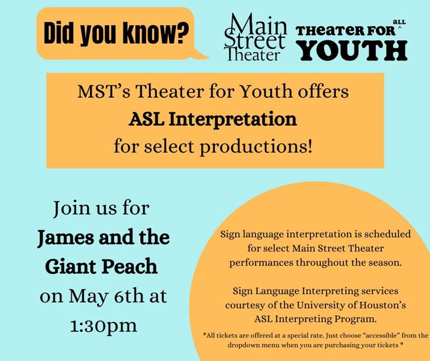 msthouston's tweet photo. Join us May 6 at 1:30pm at the MATCH for our ASL performance of JAMES AND THE GIANT PEACH. For more details, visit:
https://t.co/d5BWHIMVY7

#theaterforall #accessibletheater #ASL #YesMST #theaterforallyouth #familyfun #kidsactivities https://t.co/SijwknbAmM