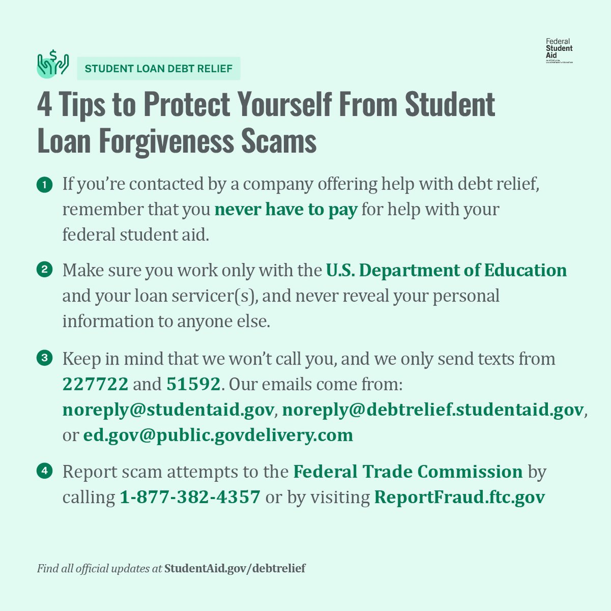 FAFSA's tweet photo. @AfAmEducation A5: (2/3) Get tips on how to avoid loan forgiveness scams: https://t.co/DYhwzyG8OP #AfAmEdChat #DecisionDay2023 https://t.co/2MwxfSNQ0o