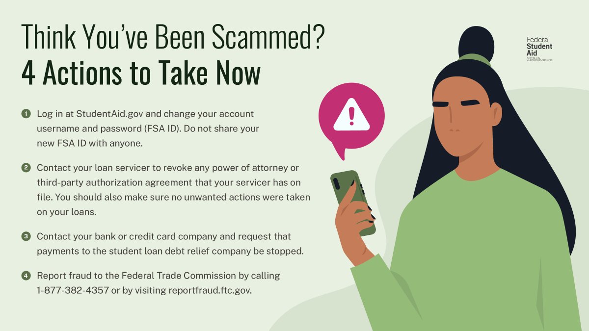 FAFSA's tweet photo. @AfAmEducation A5: (3/3) Have you or someone you know fallen for a student loan scam? Here’s what to do next: https://t.co/6wgrHLm3uz  #AfAmEdChat #DecisionDay2023 https://t.co/hdaQG8leaO