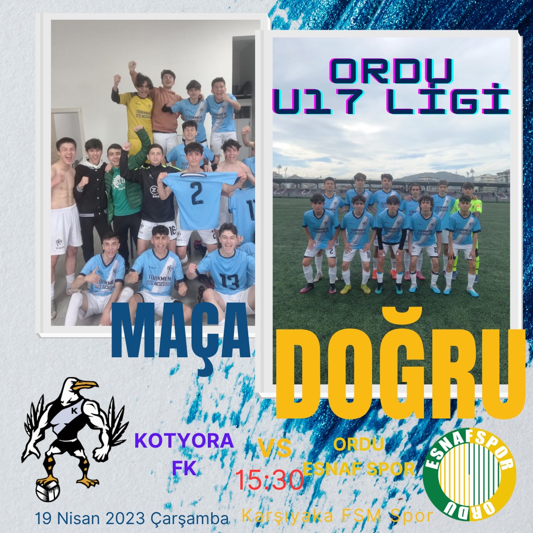 🔥U17 LİGİ 8. HAFTA🔥
⚽️ KOTYORAMIZ (U17) - Esnafspor (U17)
🗓️ 19 Nisan Çarşamba 
⏱️ 15.30
🏟️ Karşıyaka 1 Nolu Saha