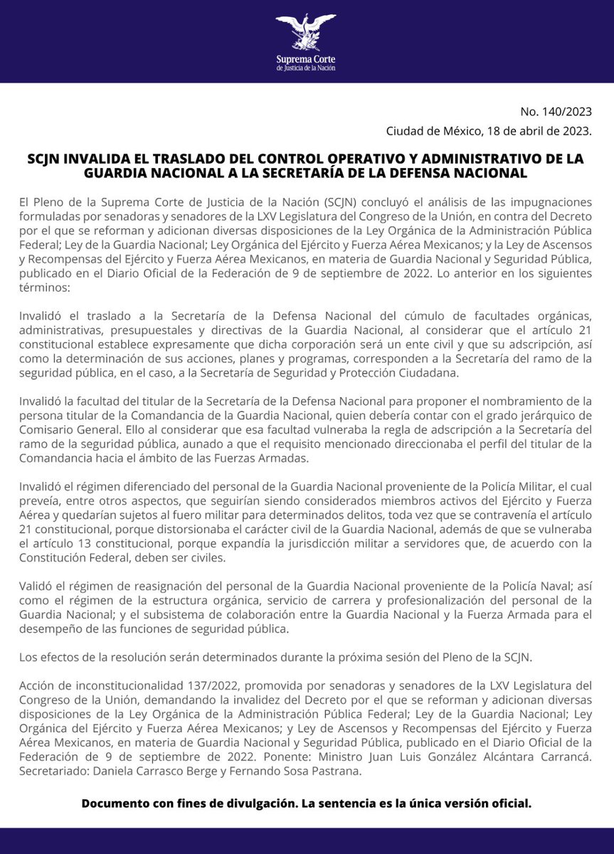 Con 8 votos, #LaCorte determinó que la transferencia a la SEDENA de las facultades orgánicas, administrativas, presupuestales y directivas de la Guardia Nacional, es contraria a la obligación constitucional de que esta institución tenga un mando civil.

🔗 bit.ly/3GSFMnb