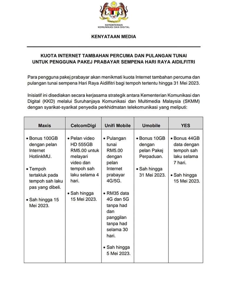 JaPenWPKL's tweet photo. ✨TAWARAN CERIA RAYA✨
📣Berita baik buat pengguna pakej prabayar Kuota internet tambahan PERCUMA dan pulangan TUNAI sempena Hari Raya Aidilfitri 2023 😍
#Prabayar
#PakejPrabayar
#hadiahraya
#aidilfitri2023
#MalaysiaMADANI
#DemiRakyat
#DemiPertiwi
#KLCeria
#CMSWPKL
@MCMC_RASMI https://t.co/e0KQhD6qMn