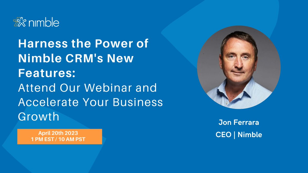 NimbleCare's tweet photo. 📣  Webinar Announcement! 📣  

Join us on 4/20 for a FREE webinar on harnessing the power of @Nimble 's new features! CEO @Jon_Ferrara will share best practices and strategies to help you get the most out #NimbleCRM 🙌 

Register today: https://t.co/tiJO2AIB9h https://t.co/wmKUObhRdZ