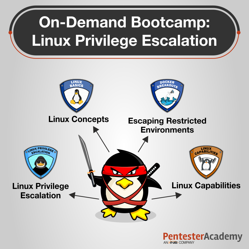 SecurityTube's tweet image. Available with annual plans, our on-demand Linux Privilege Escalation bootcamp teaches how to identify and leverage misconfigurations to perform horizontal/vertical escalation on Linux machines. See what you'll learn at bit.ly/3iIvASx #linux #privesc