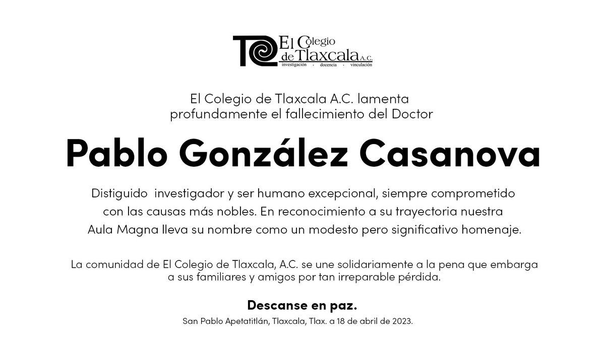 COLTLAX's tweet photo. La Comunidad #Coltlax manda un abrazo fraternal y solidario a su familia, esperando pronta resignación.
Descanse en Paz. https://t.co/OIOVFZ4uI3