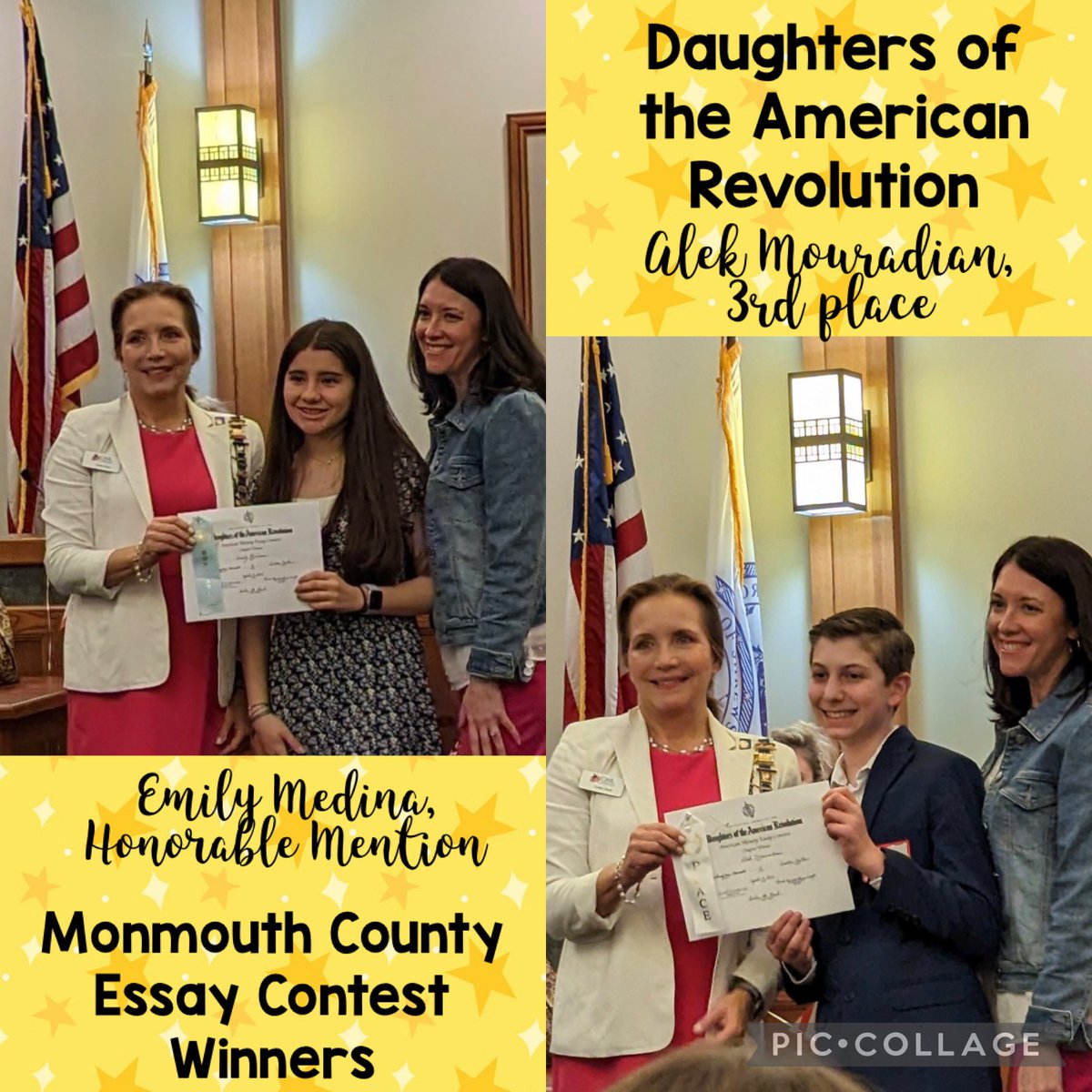 Panther Pride 🇺🇸 Last night, 8th grade Social Studies teacher, Mrs. McEvoy, joined the Daughters of the American Revolution in honoring our very own TFMS students, Alek Mouradian and Emily Medina, on their winning 8th grade history essays for Monmouth County. #TFSPantherPride