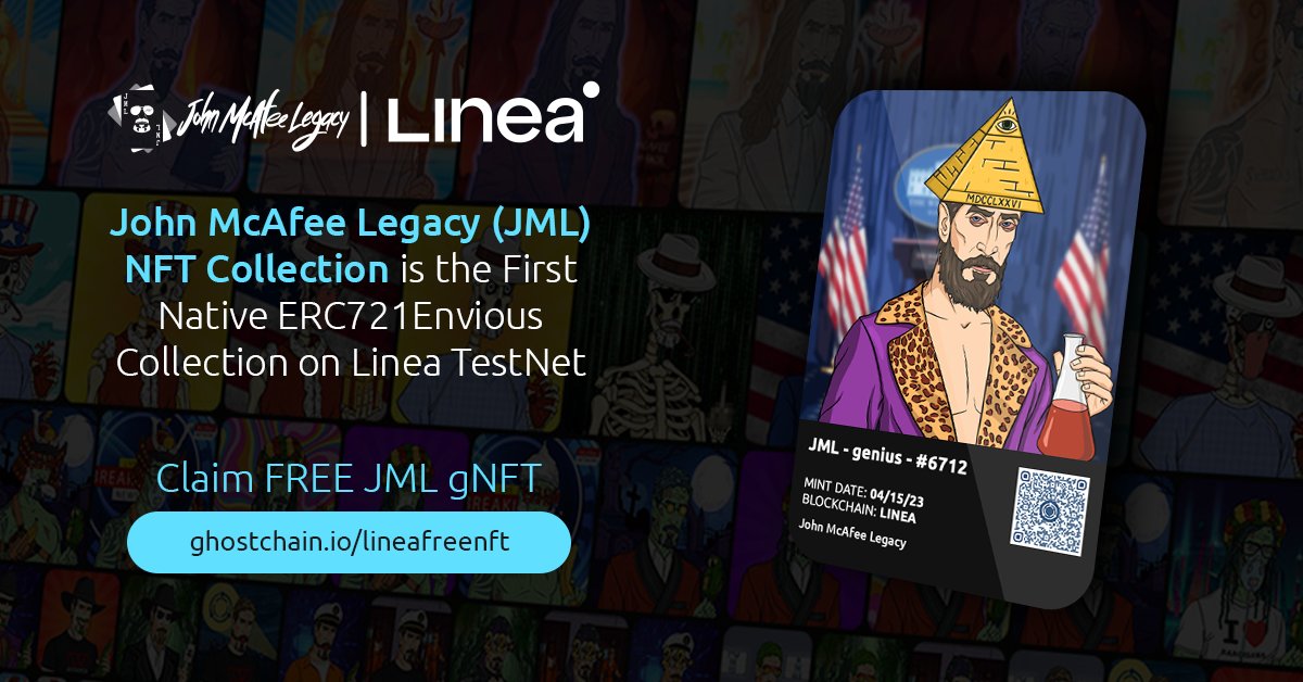 📢John McAfee Legacy #JML NFT Collection is now LIVE on #ghostNFT making it the first native #ERC721Envious collection on @LineaBuild TestNet👻
Claim #gNFT for FREE & earn $GMV tokens:
🔗ghostchain.io/lineafreenft
#AirdropAlert #Airdrop #NFTGiveaway #FreeNFT #DeFi #nftfi #GameFi