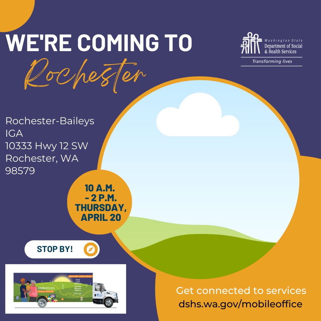 waDSHS's tweet image. We're in your towns today (4/20), Rochester and Toppenish! Stop by   10 a.m.-2 p.m. at Bailey's IGA in Rochester &amp;amp; 1:30-4:30 p.m. at the AAA on Wishpoosh Road in Toppenish. More details &amp;amp; other events at dshs.wa.gov/mobileoffice. See you there! #MobileOffice #Toppenish #Rochester