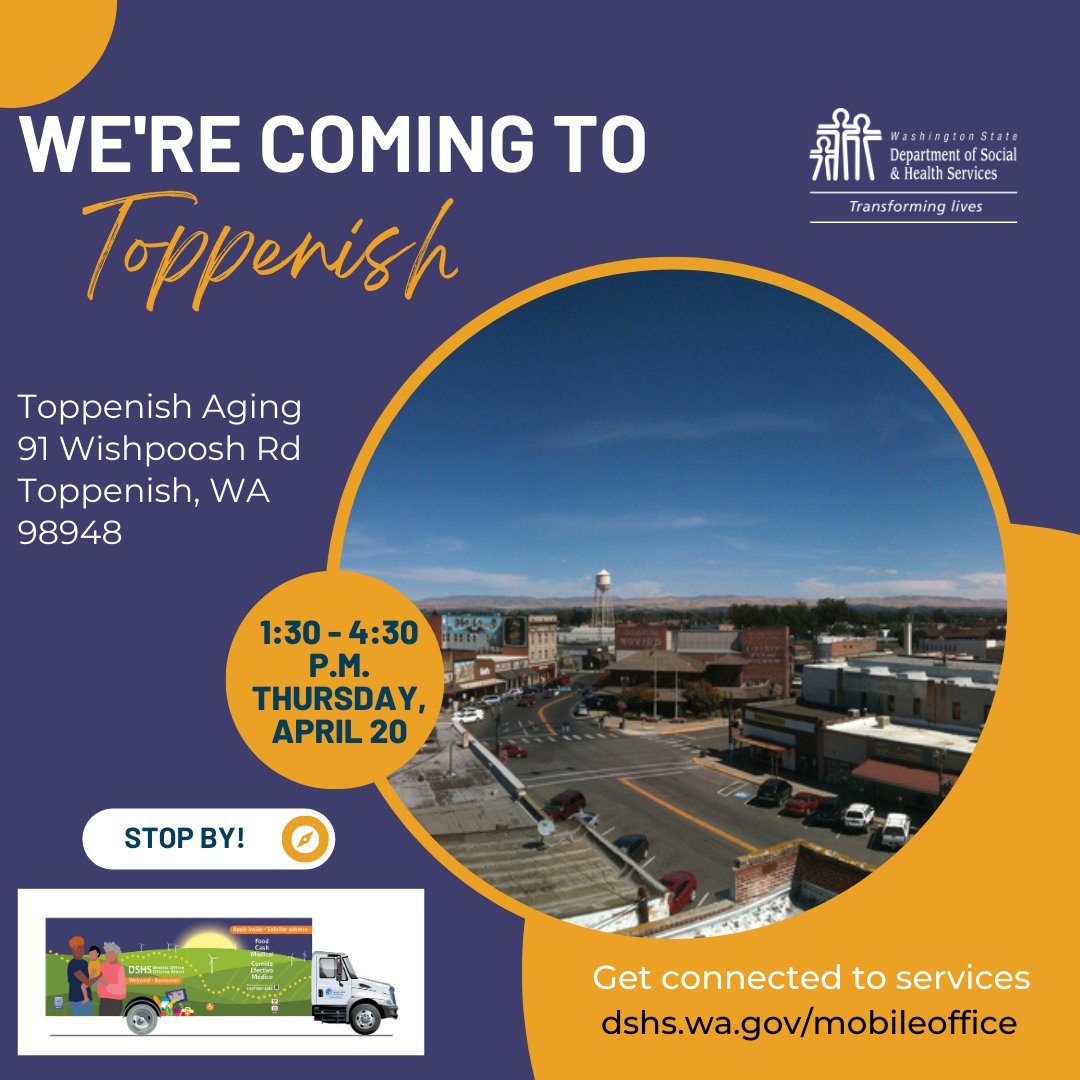waDSHS's tweet image. We're in your towns today (4/20), Rochester and Toppenish! Stop by   10 a.m.-2 p.m. at Bailey's IGA in Rochester &amp;amp; 1:30-4:30 p.m. at the AAA on Wishpoosh Road in Toppenish. More details &amp;amp; other events at dshs.wa.gov/mobileoffice. See you there! #MobileOffice #Toppenish #Rochester