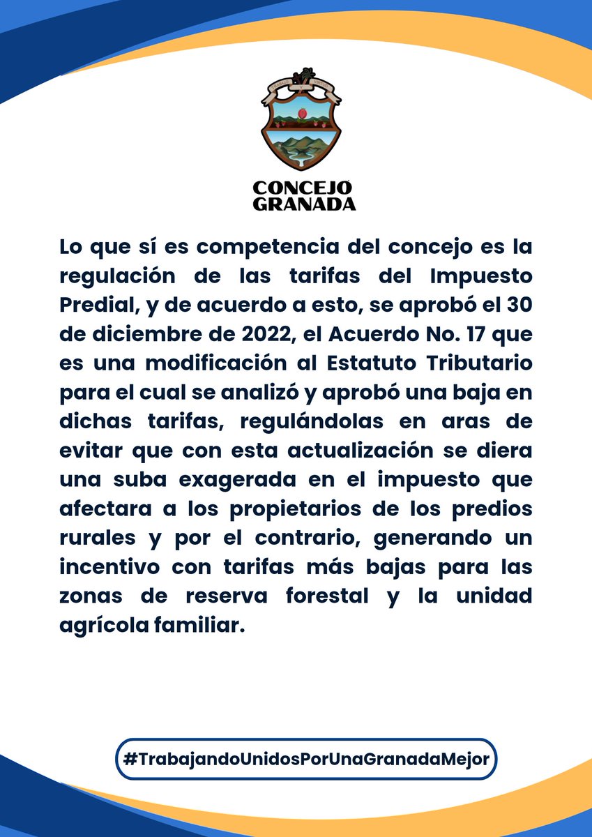 concejogranada's tweet photo. El Concejo Municipal quiere compartir con la comunidad la siguiente información referente al proceso de Actualización Catastral Rural que se realizó en el último año en el municipio, con el fin de aclarar algunos rumores que se vienen difundiendo de manera irresponsable. https://t.co/SbYBJL651J