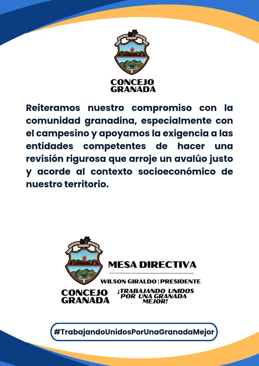 concejogranada's tweet photo. El Concejo Municipal quiere compartir con la comunidad la siguiente información referente al proceso de Actualización Catastral Rural que se realizó en el último año en el municipio, con el fin de aclarar algunos rumores que se vienen difundiendo de manera irresponsable. https://t.co/SbYBJL651J
