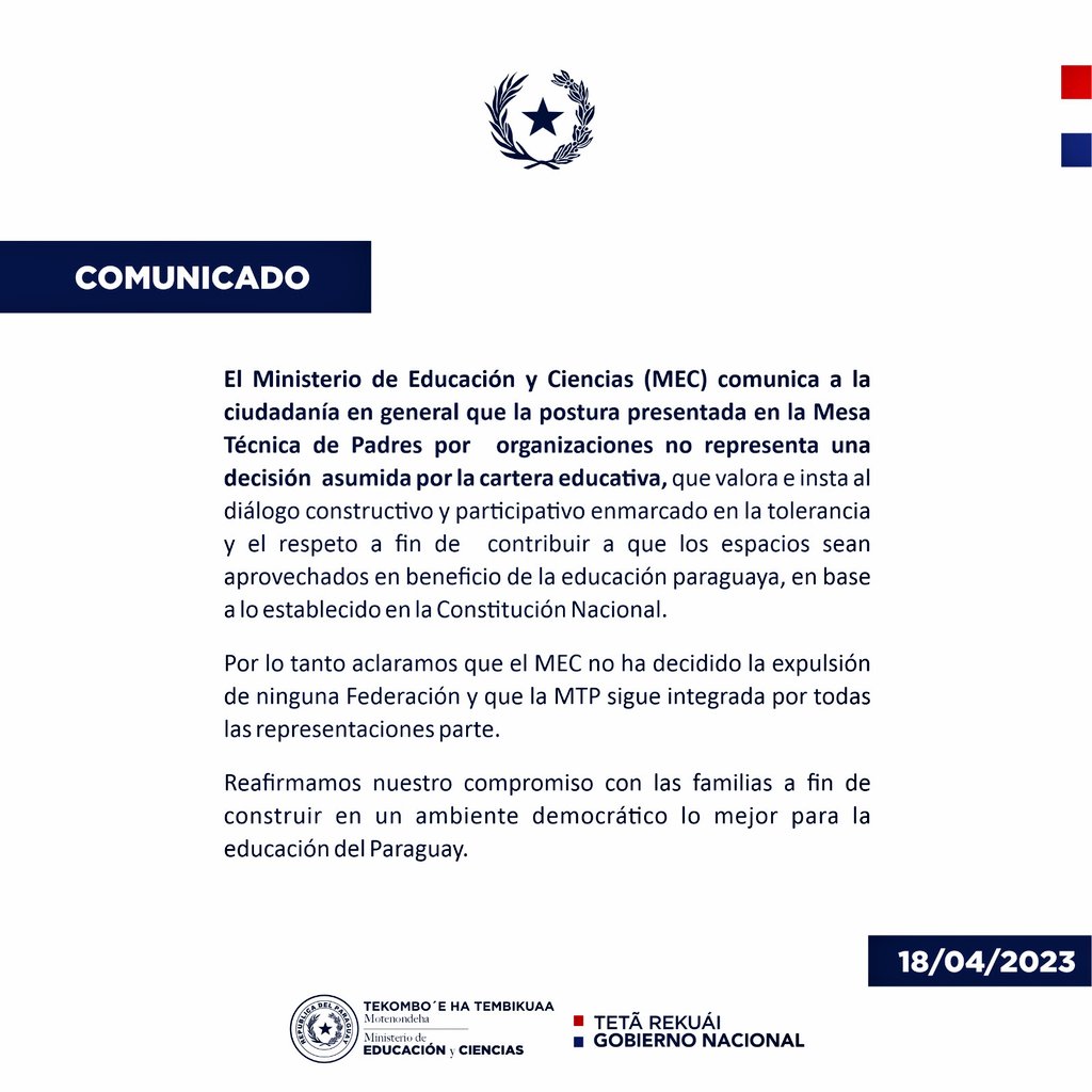 MECpy's tweet photo. 🛑 Importante

👉🏻Comunicado #MEC con relación a situación acontecida en la reunión de la Mesa Técnica de Padres. https://t.co/Ctd39D0f7e