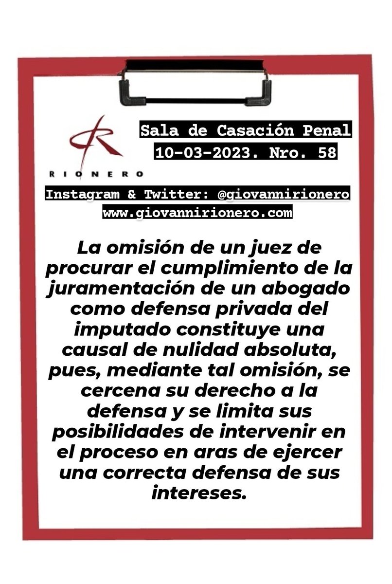 GiovanniRionero's tweet photo. #DefensaPrivada Reciente sentencia en la cual se advierte que la omisión del juez con respecto a procurar la juramentación del abogado privado del imputado constituye un vicio de nulidad absoluta. https://t.co/UjIIucwNpd