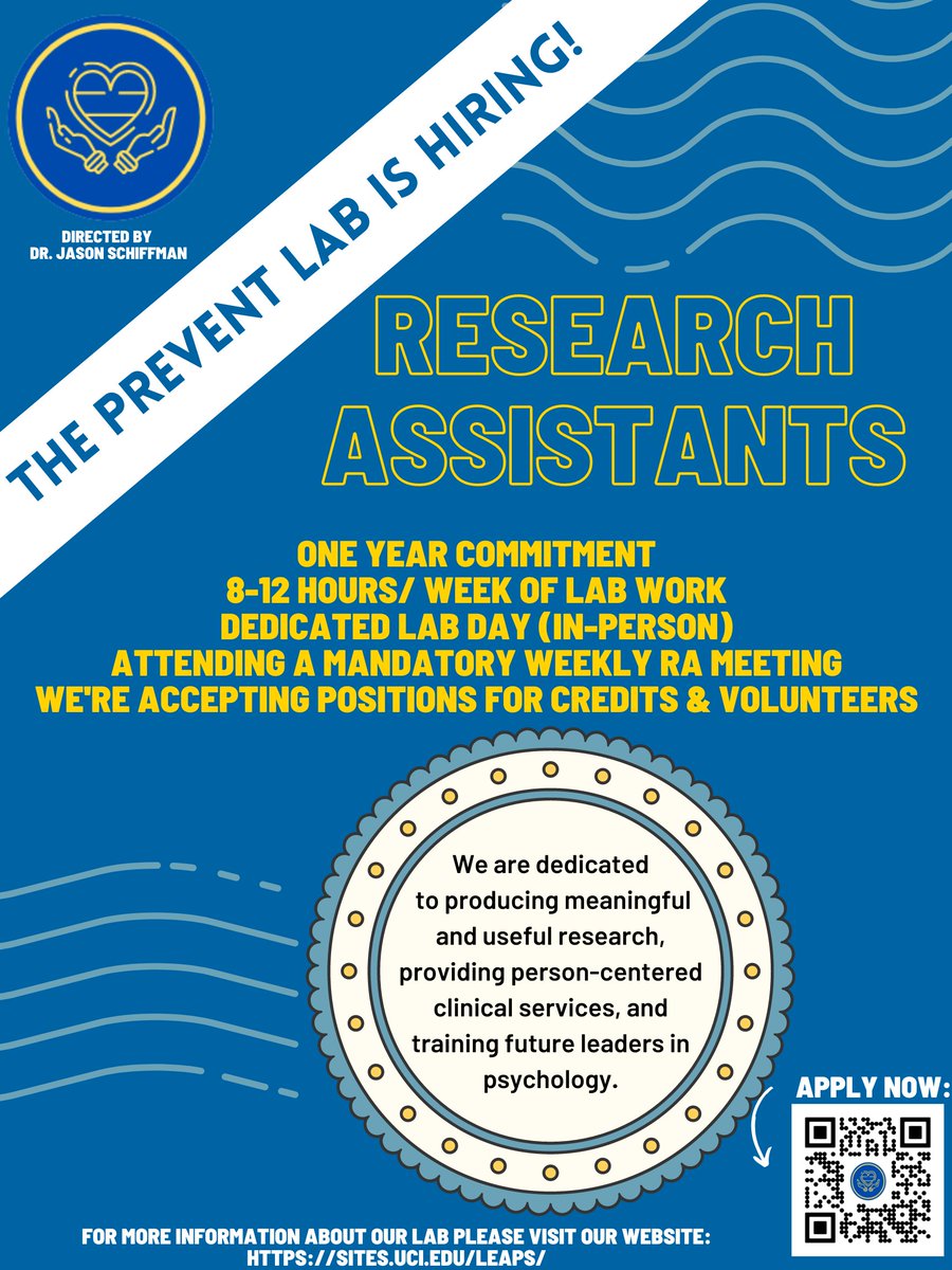 We're opening up some RA positions starting this summer! Positions for credits and volunteering are available. Our lab's research is focused on psychosis-risk identification, assessment, and treatment. Apply with the link in our bio. Application will close at the end of Week 6.