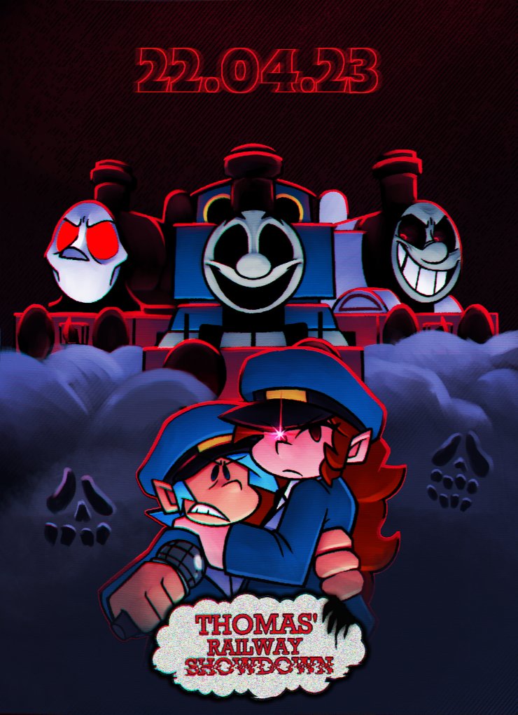 RailwayShowdown's tweet photo. In celebration for TRS' Upcoming April 22nd release, the first ever promo art drawn for the mod has been wonderfully remastered! Now featuring all the updated character refs

@boidhouse has done an amazing job with this redraw &amp; we're just as happy to share it with all of you https://t.co/oqvbkRIf3s
