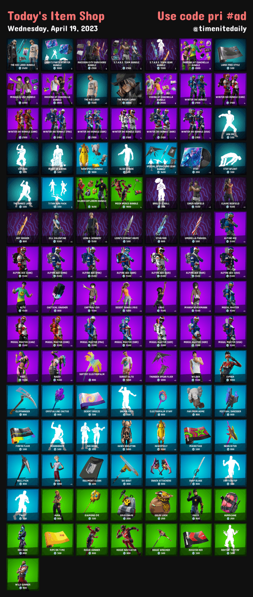 timenitedaily's tweet photo. 🌤 Today's Item Shop on #Fortnite
📅 Wednesday, April 19, 2023
 
🌟 Use code pri to support #EpicPartner https://t.co/OY5lodD7e4
