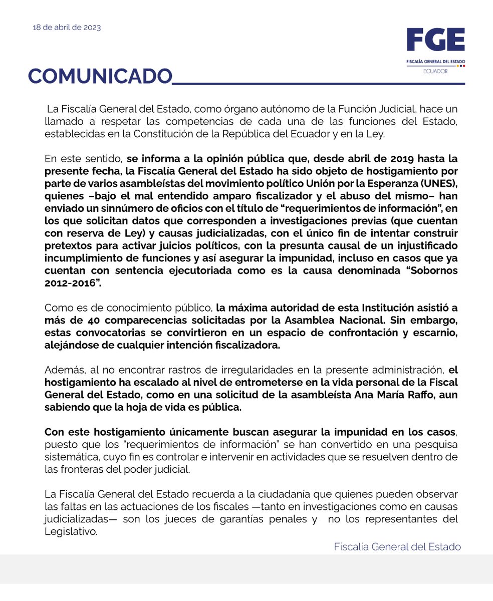 FiscaliaEcuador's tweet photo. #COMUNICADO | #FiscalíaEc hace público el accionar de ciertos asambleístas que –abusando de las facultades de control político y de un mal entendido amparo fiscalizador– pretenden generar impunidad, y hace un llamado a respetar las competencias de cada función del Estado. ⬇️ https://t.co/1m3cwkqRZH