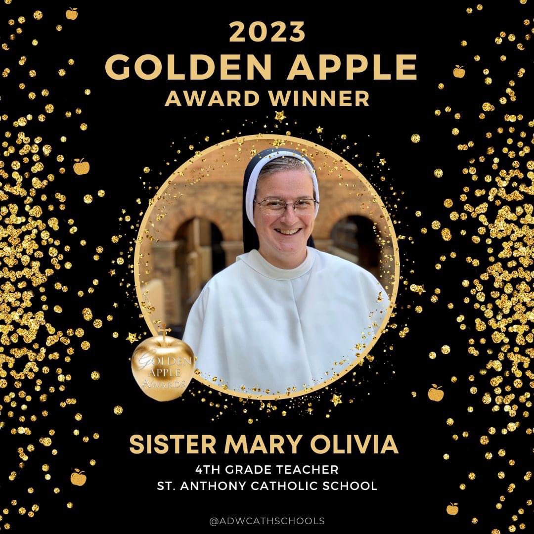STA_Brookland's tweet photo. We are delighted to announce that Sr. Mary Olivia, our amazing fourth grade teacher, won a 2023 Archdiocesan Golden Apple Award! This prestigious honor is well-deserved.

Check out this awesome video!
https://t.co/HGs2ECSOAP

#STABrookland #CCATeach #ADWcommUnity
￼ https://t.co/qLGdfMq9za