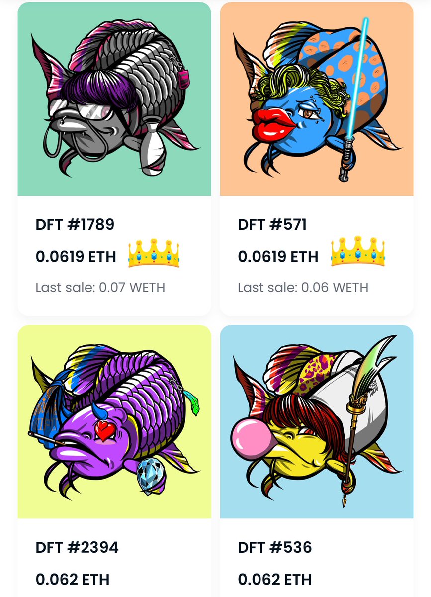 miner_ca's tweet photo. 🐡本日のDFTフロア価格発表!🐡
　　　🌟0.0619eth！🌟

　　　　DFT‼️LFG‼️
　　
　　　👑の魚はお得かも〜！
　　　
今日も#chokkaku_mooooooon🚀
#BuzzDFT #DFT #DFTSW
⬇️DFT購入リンク⬇️
https://t.co/03CLPAUO7l https://t.co/rZKht17GcE