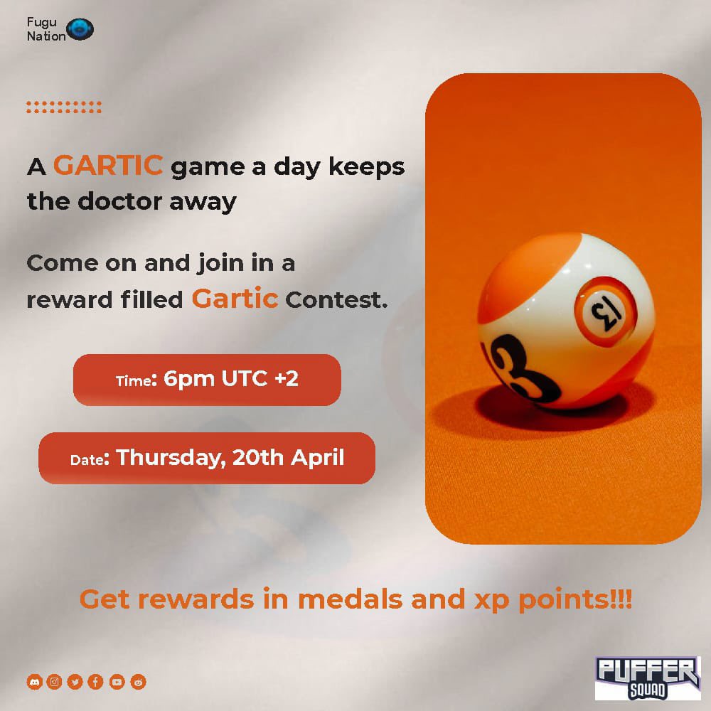 Got an eye for identifying things?👁

You would need faster fingers too as you participate in Fugu Nation Gartic Tournament. 
The winner gets the Gartic Master medal 🎖, and participants get 100 xp points 💯which can be accumulated to get WL roles and #Giveaways #Whitelist #nft