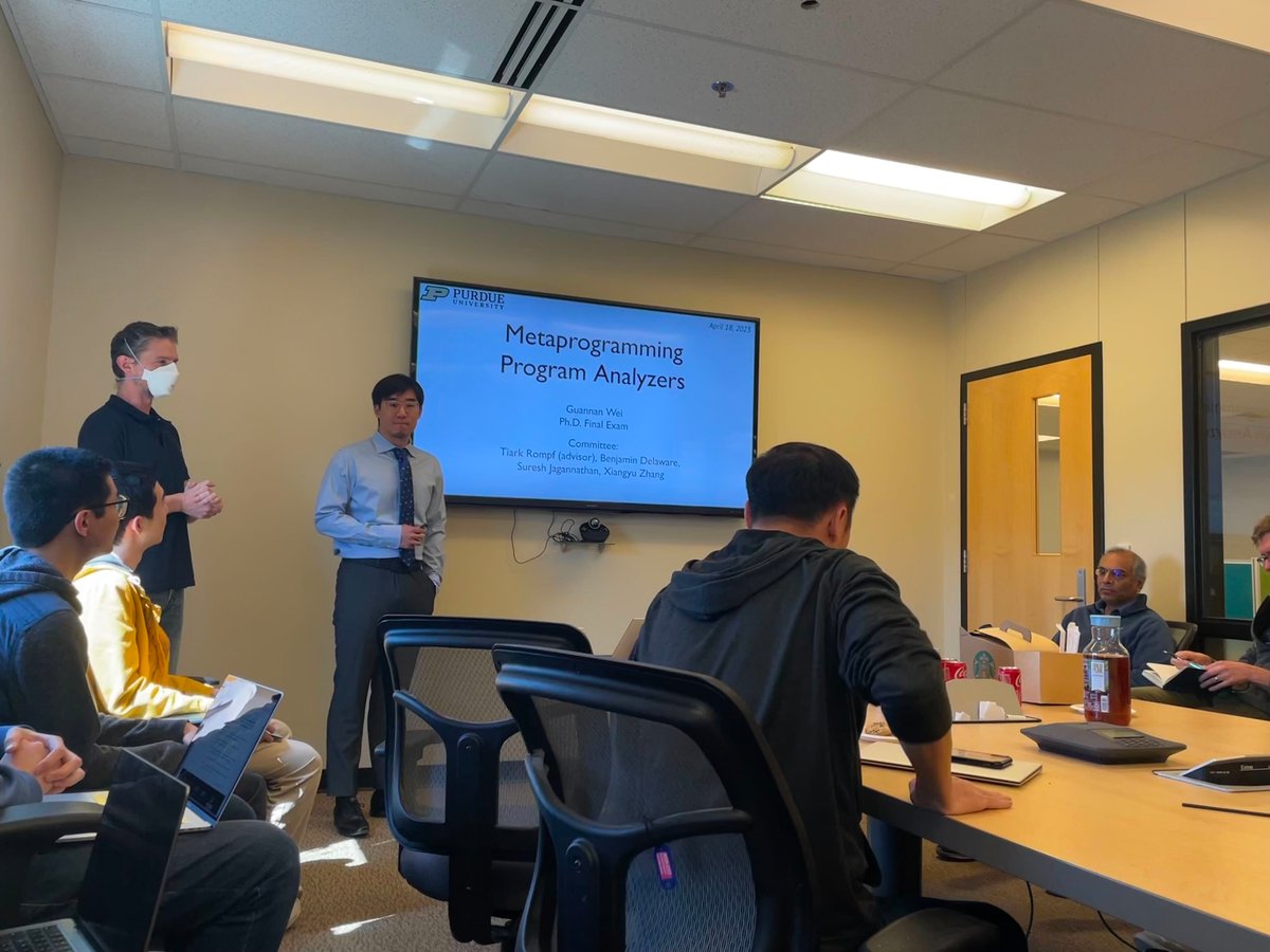PurPL (@purdue_pl) on Twitter photo Congratulations to *Dr.* <a href="/GuannanWei/">Guannan Wei</a> on successfully defending his dissertation!
Happy to say that the defense was standing room only :) Congratulations to *Dr.* <a href="/GuannanWei/">Guannan Wei</a> on successfully defending his dissertation!
Happy to say that the defense was standing room only :)