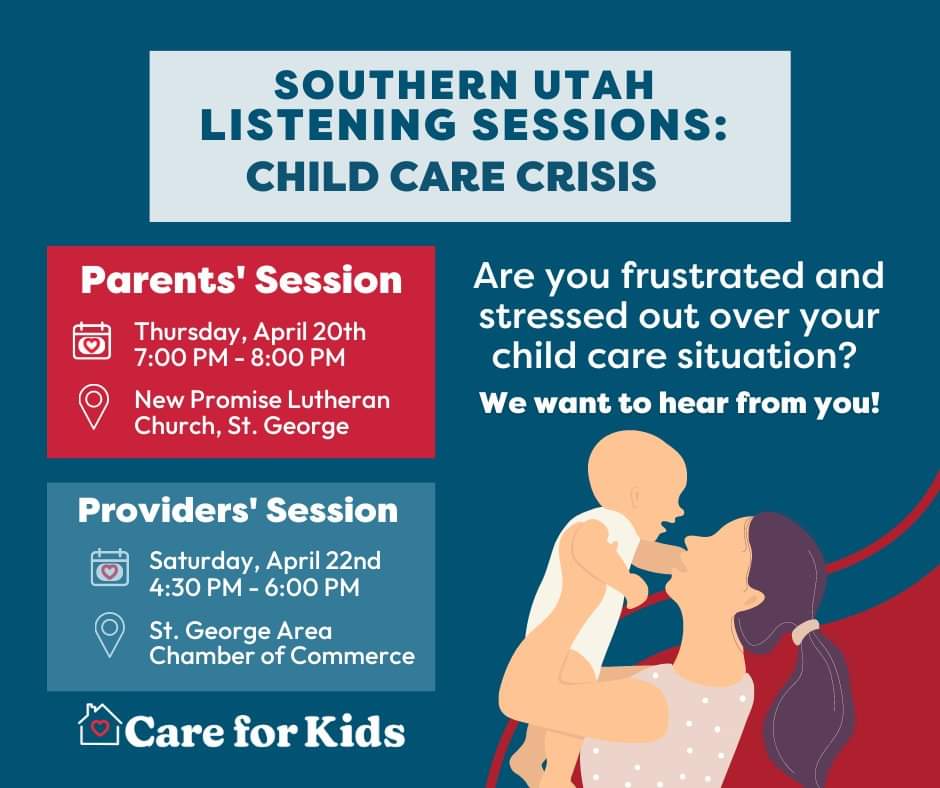 uaeyc's tweet photo. Are you a parent or caregiver in southern Utah? You are invited to a listening session hosted by Voices for Utah Children on April 20th for parents and April 22nd for caregivers. We need your help shaping the future of child care and the ECE profession in your area! https://t.co/tVAm0PMQ4d