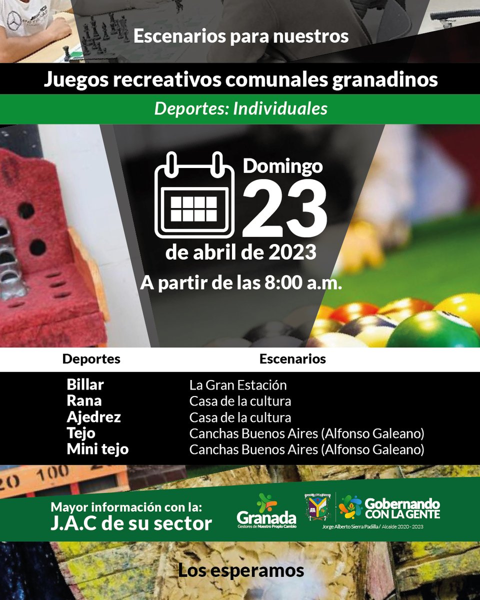 AlGranadaCund's tweet photo. El próximo domingo 23 de abril, realizaremos la fase municipal de los juegos comunales 2023 a partir de las 8:00 a.m. 

Para empezar vamos a realizar el clasificatorio de los deportes individuales.
 
Próximamente estaremos compartiendo información de los #deportes en conjunto. https://t.co/rrSbprP4p0