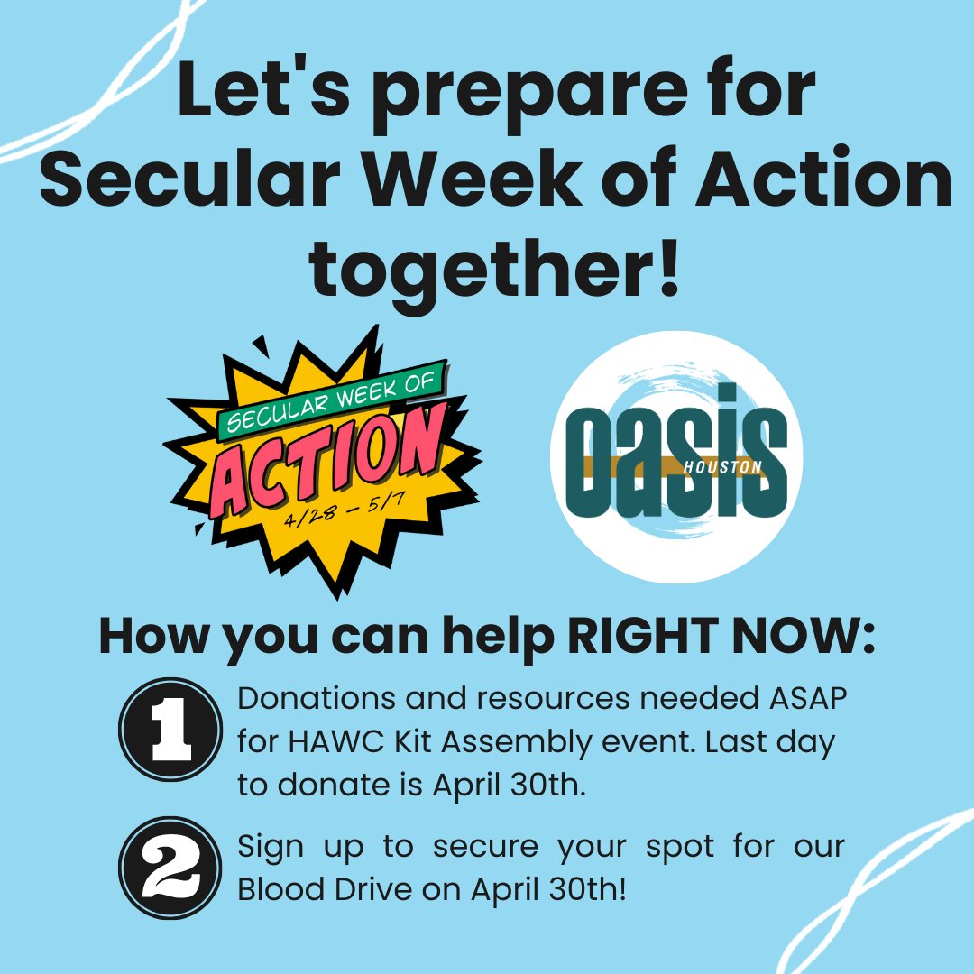 HoustonOasis's tweet photo. We're gearing up for tons of Secular Week of Action events here in #Houston! Here's how we're getting our local community involved before the big week!
@gohumanityworld @americnhumanist #SecularAction #SecularValues #WeekofAction https://t.co/spxCu4ram4