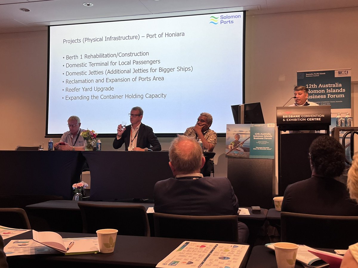 AustraliaPIBC's tweet photo. Here’s a snapshot of (physical) port projects in Honiara and Noro c/o Mr Eranda Kotelawala, CEO of Solomon Islands Ports Authority #12ASIBF https://t.co/HjoMsDJei4