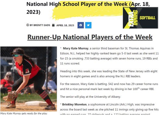 MK Murray (@mkmurray2023) on Twitter photo Thank you to <a href="/ExtraInningSB/">EXTRA INNING SOFTBALL</a> for naming me a runner-up National Player of the Week. Thank you to <a href="/ExtraInningSB/">EXTRA INNING SOFTBALL</a> for naming me a runner-up National Player of the Week.