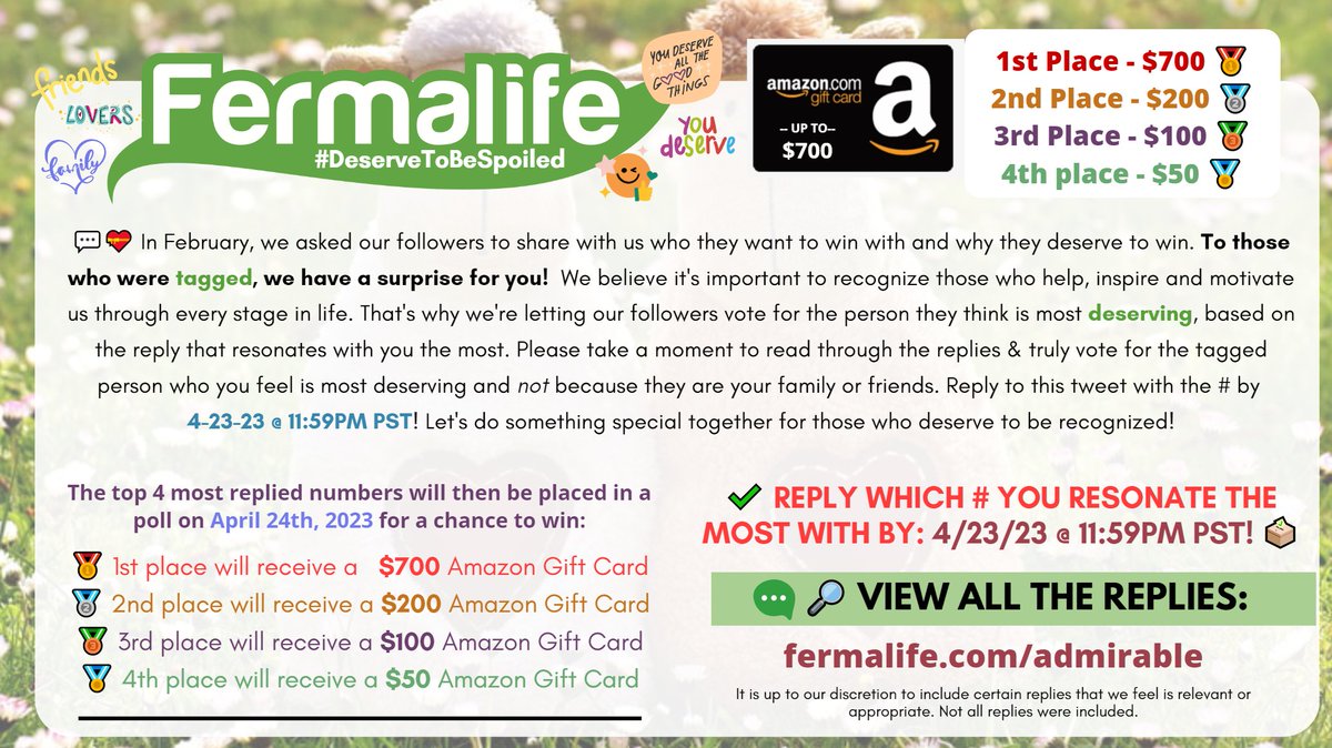 fermalife's tweet image. 🫶 In February, we asked our followers to tag someone they want to win with &amp;amp; why. We want to gift an #AmazonGiftCard up to💲7️⃣0️⃣0️⃣ to 4 people tagged by our followers. Reply to this tweet w/ the # you most resonate with by 4/23/23 at 11:59PMPST!VIEW ALL: fermalife.com/admirable