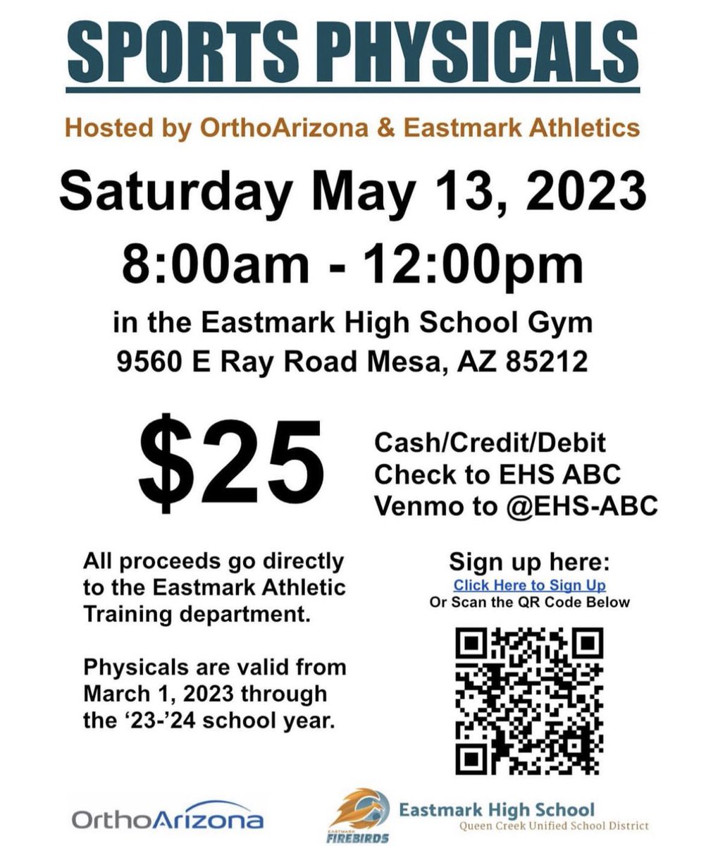 Eastmark_AT's tweet photo. Need a sports physical for next school year? Look no further! Eastmark athletic training is hosting our annual physicals event on Saturday May 13. Sign up for your spot here: https://t.co/8NegoJudzI https://t.co/vnWxIIcFQu