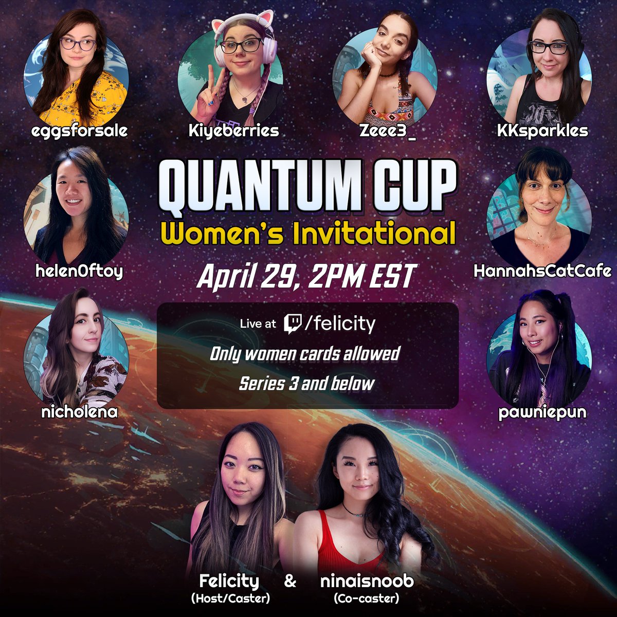 FelicityTV's tweet photo. Excited to announce the Quantum Cup Women's Invitational on April 29 at 2PM EST, featuring some of the badass ladies of the Marvel Snap community. 

Decks will only feature women character cards, and series 3 or below. Please share and retweet! https://t.co/jIDnsuvbb7