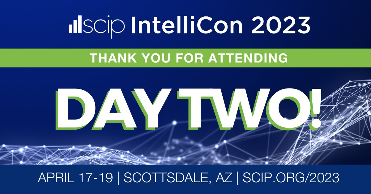 We're just wrapping up Day 2 of SCIP #IntelliCon2023 and getting ready for our Networking Reception! Thank you for joining us for all of the #strategicintelligence and #competitiveintelligence sessions today, we look forward to seeing you tomorrow!