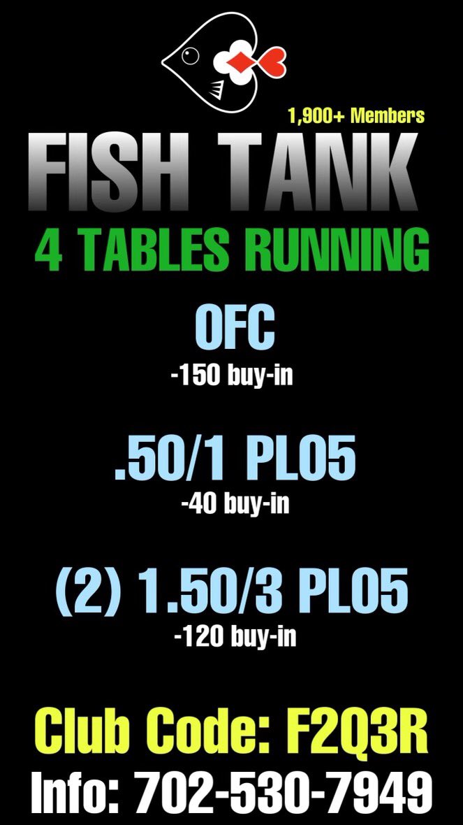 TheFishTankRGV's tweet photo. 🚨4 Tables Running🚨

OFC
.50/1 5-Card PLO
(2) 1.50/3 5-Card PLO

Play NOW on the Pokerrrr2 app with club code: F2Q3R
Info: 702-530-7949 

#Poker #Pokerrrr2 #PokerApp #PokerPlayer #PokerLife #Pokergame #onlinepoker #pokeronline #wsop https://t.co/v7oPh7ExYb