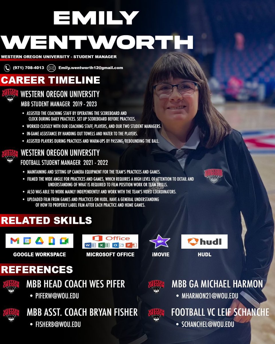 emilywentworth6's tweet photo. Attention Coaches‼️

I’m currently searching for a Graduate Assistant position/Video Coordinator for next season. I worked as a student manager for Western Oregon MBB for 4 years. I am looking for any potential opportunity and connect with more coaches. https://t.co/vFk7iASiCA