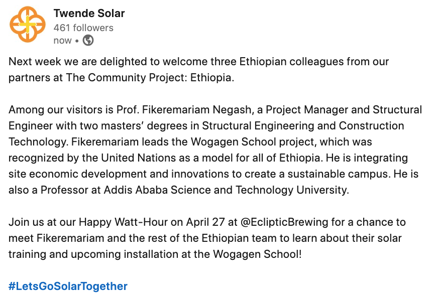 twendesolar's tweet photo. Next week we are delighted to welcome three Ethiopian colleagues from our partners at The Community Project: Ethiopia.
Find out more at https://t.co/OAdcunAWrG
Join us at our Happy Watt-Hour on April 27 at @EclipticBrewing for a chance to meet Fikeremariam.
#LetsGoSolarTogether https://t.co/fktFPWJlQP