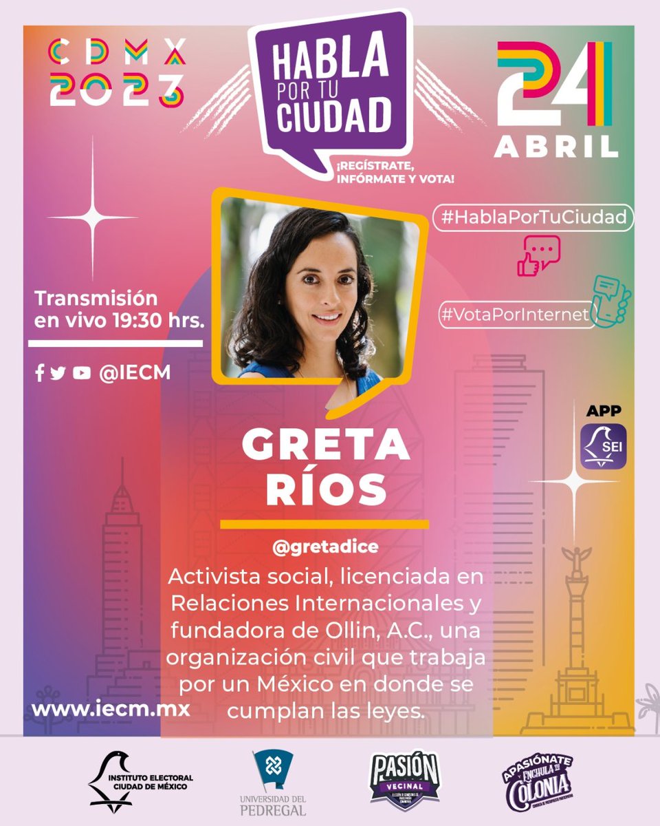 El 24 de abril, en 'Habla por tu Ciudad', contaremos con Greta Ríos (@gretadice), una apasionada activista social, comprometida con un México donde las leyes se cumplan.

No te pierdas el magno evento. ¡Te esperamos! 🤝