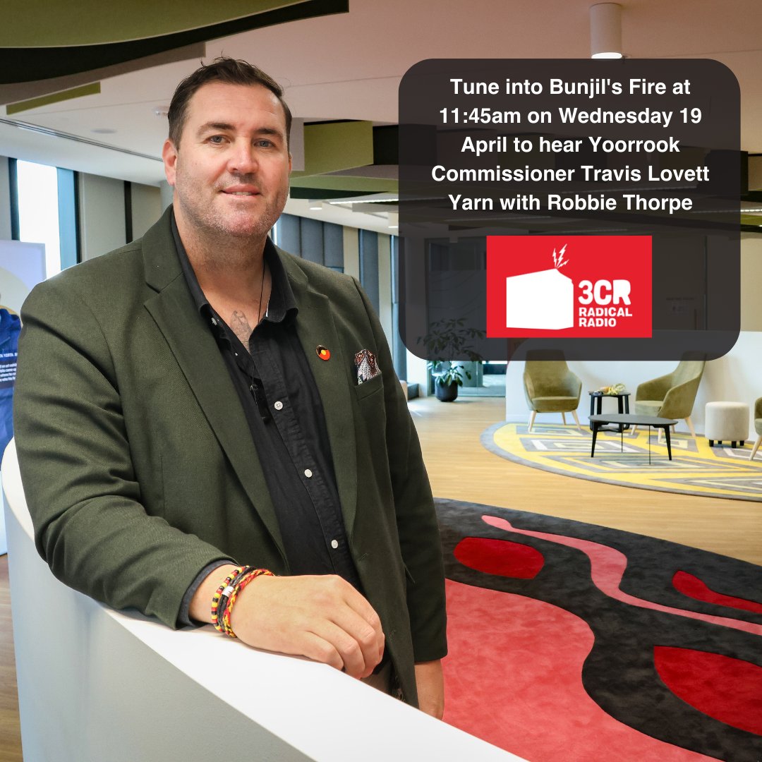 Tune into <a href="/3CR/">3CR Community Radio</a> Community Radio this morning (Wednesday) at 11:45am to hear from Yoorrook's newest Commissioner <a href="/TravLovett/">Travis Lovett</a>.

He'll be yarning with Robbie Thorpe about #truthtelling and sharing updates from #Yoorrook &amp; the latest on government hearings starting next week.