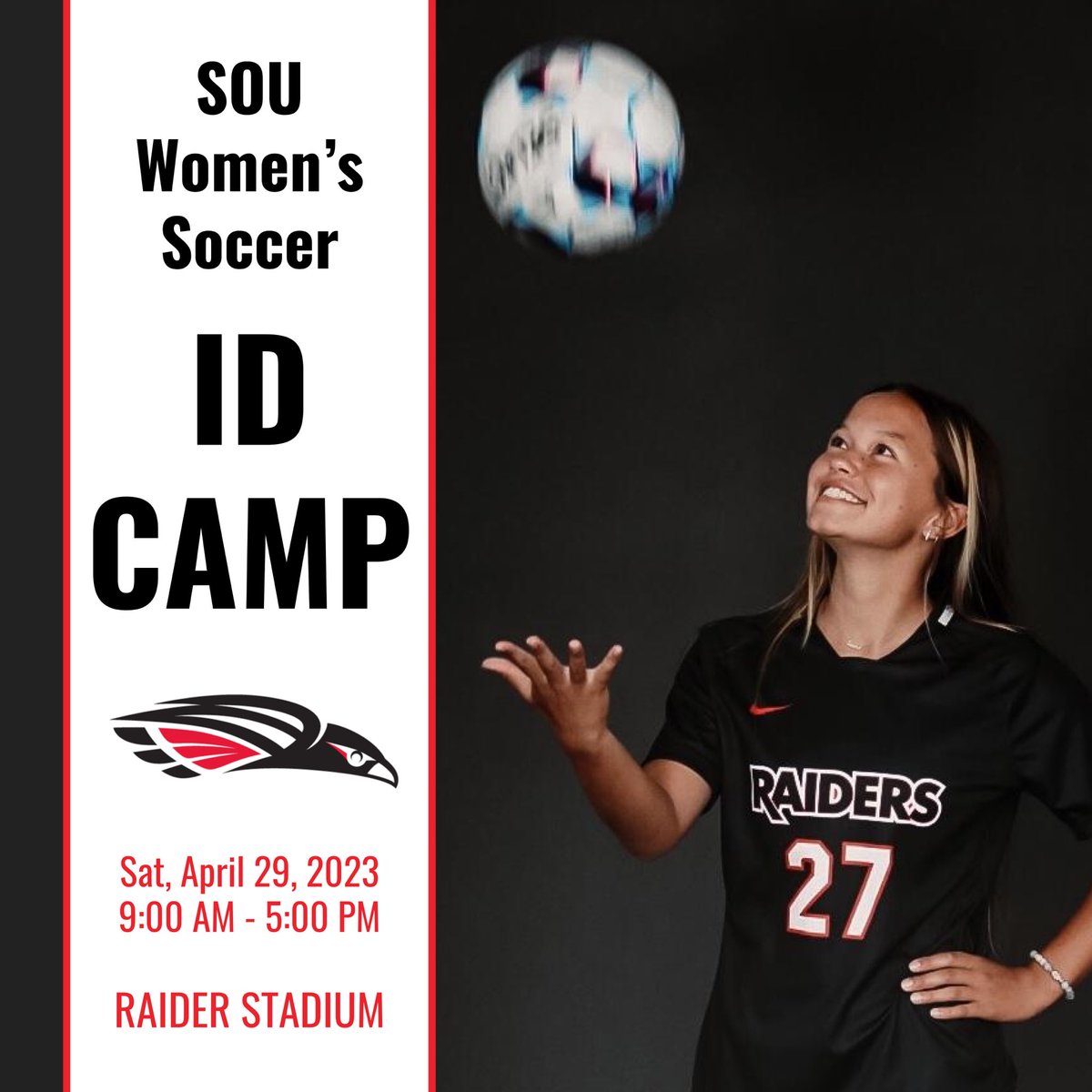 📣 Hey Future Raiders! 📣 

Spots are still available for our spring ID camp! This is a wonderful opportunity to see what it is like to play at SOU, showcase your skills and tour the campus. Register online at souraiders.com/camps 💻 
See you there! ⚽️